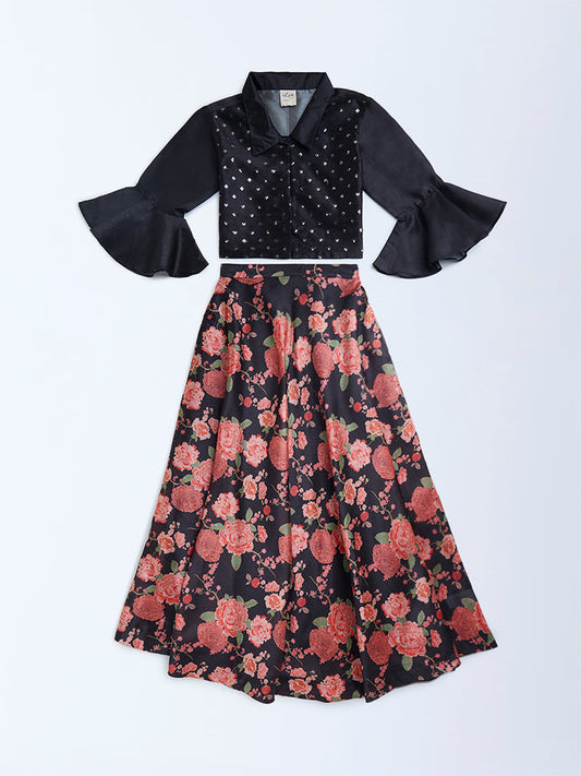 Utsa Kids Black Floral Detailed Ethnic Set - (8-14yrs)