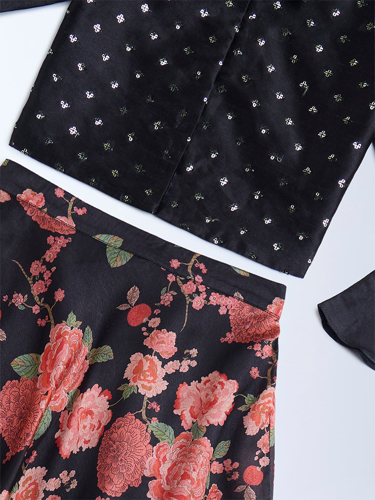 Utsa Kids Black Floral Detailed Ethnic Set - (8-14yrs)