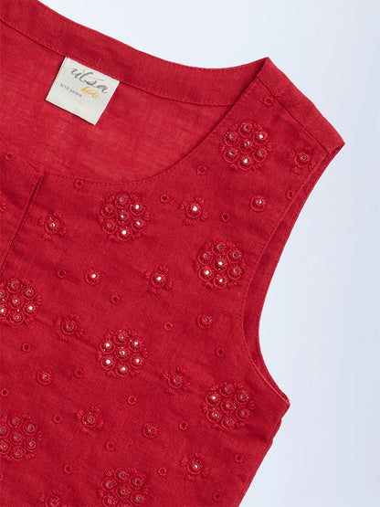 Utsa Kids Red Mirror Embroidered Cotton Waistcoat - (8-14yrs)