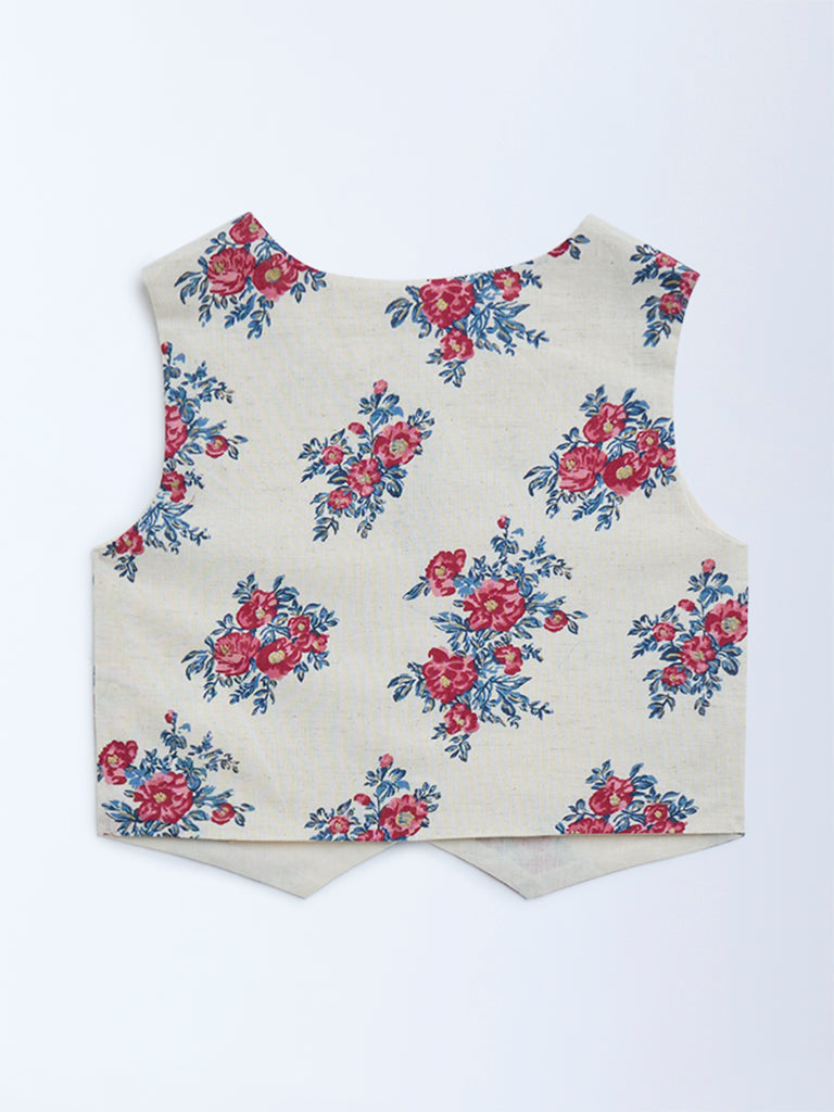 Utsa Kids Off-White Floral Pattern Cotton-Blend Vest Top - (8-14yrs)