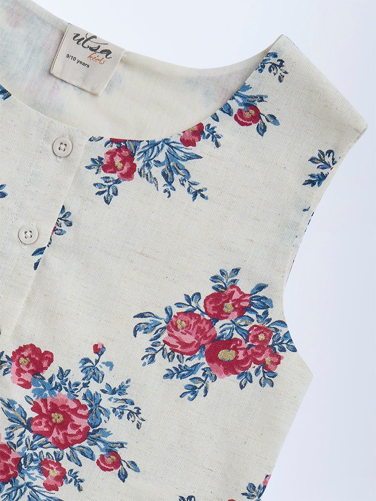 Utsa Kids Off-White Floral Pattern Cotton-Blend Vest Top - (8-14yrs)