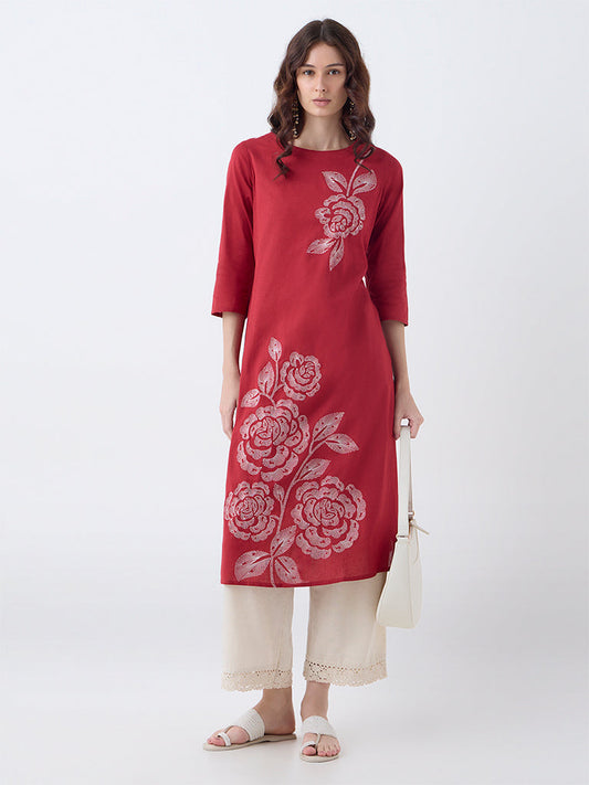 Utsa Red Floral Embroidered Cotton A-Line Kurta