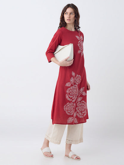 Utsa Red Floral Embroidered Cotton A-Line Kurta