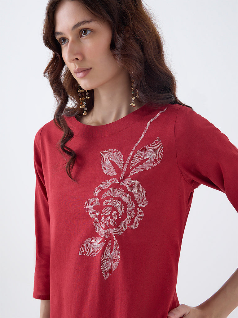 Utsa Red Floral Embroidered Cotton A-Line Kurta
