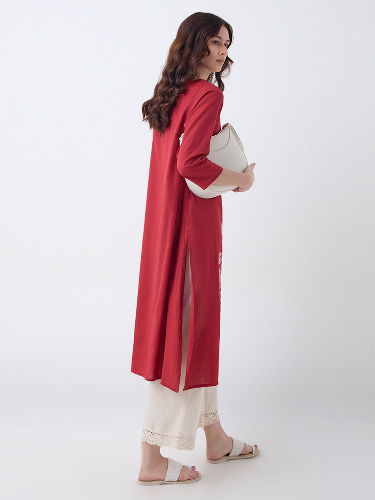 Utsa Red Floral Embroidered Cotton A-Line Kurta