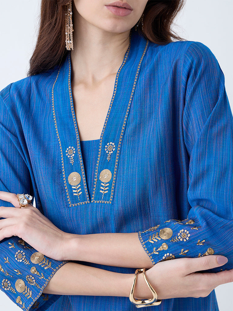 Utsa Blue Sequin Embellished A-Line Kurta