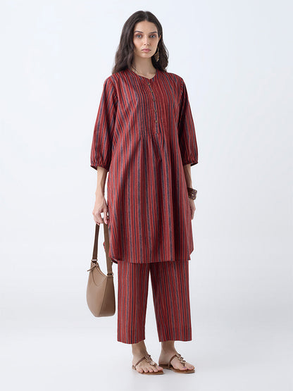 Utsa Maroon Striped Cotton Straight Kurta