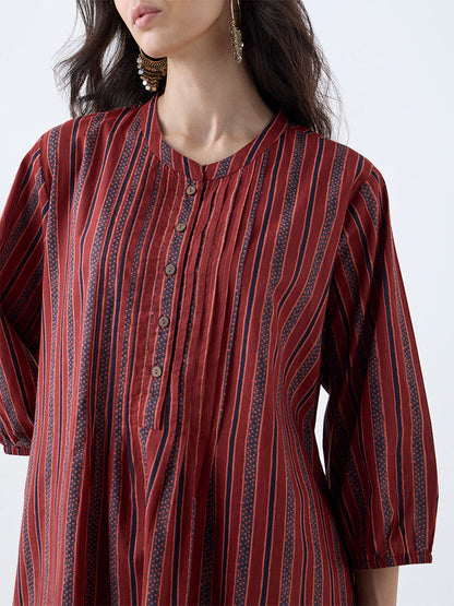 Utsa Maroon Striped Cotton Straight Kurta