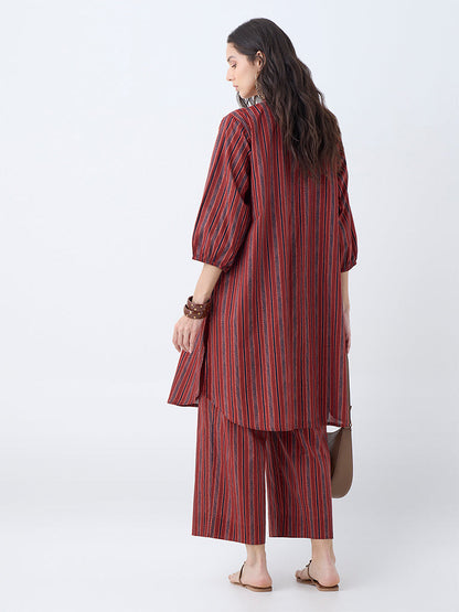 Utsa Maroon Striped Cotton Straight Kurta