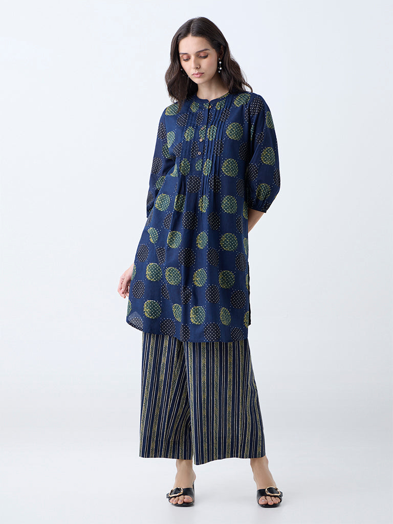 Utsa Navy Badla Printed Straight Cotton Kurta