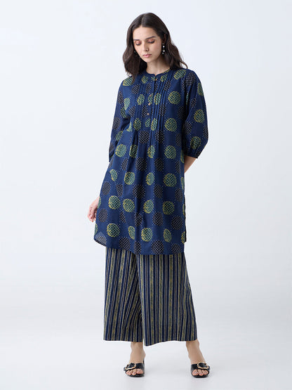 Utsa Navy Badla Printed Straight Cotton Kurta