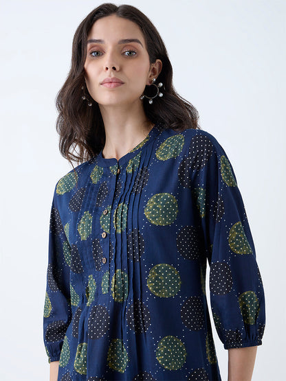 Utsa Navy Badla Printed Straight Cotton Kurta