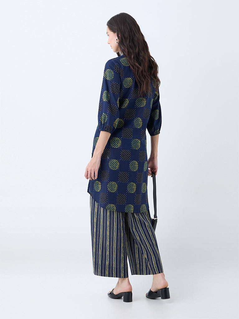 Utsa Navy Badla Printed Straight Cotton Kurta