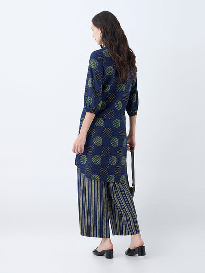 Utsa Navy Badla Printed Straight Cotton Kurta