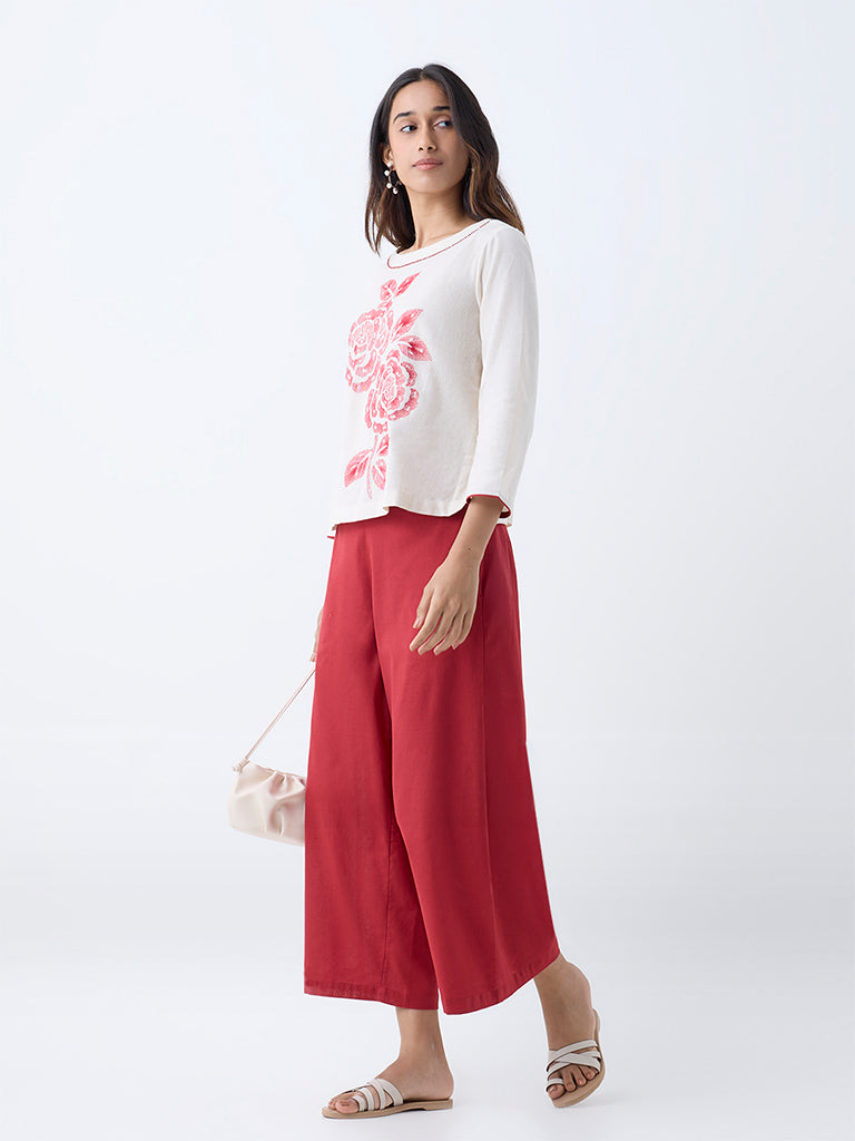 Utsa Off-White Floral Embroidered Cotton-Blend Ethnic Top