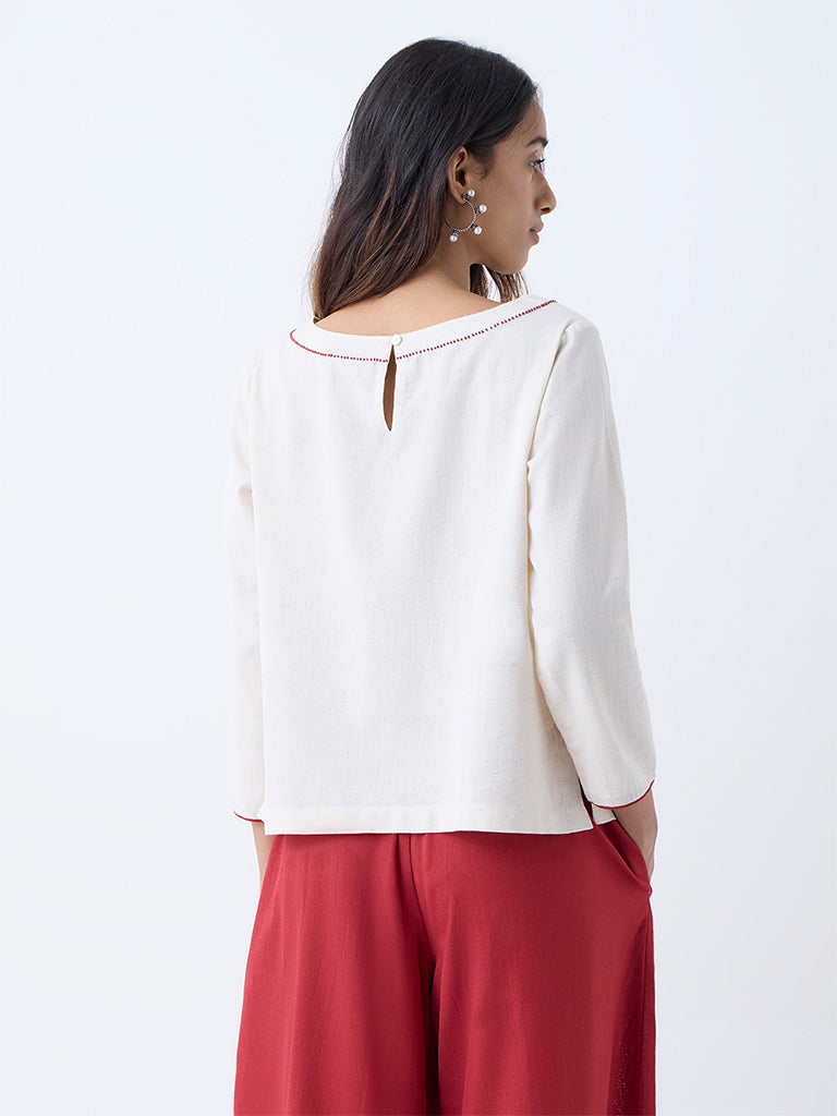 Utsa Off-White Floral Embroidered Cotton-Blend Ethnic Top