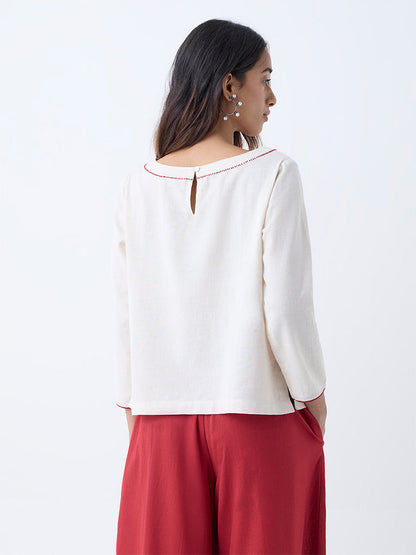 Utsa Off-White Floral Embroidered Cotton-Blend Ethnic Top