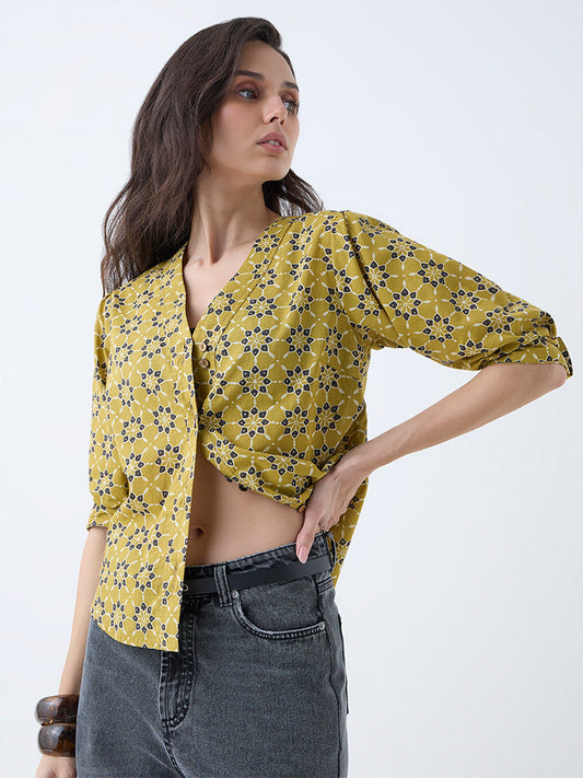 Utsa Mustard Floral Design Cotton Top
