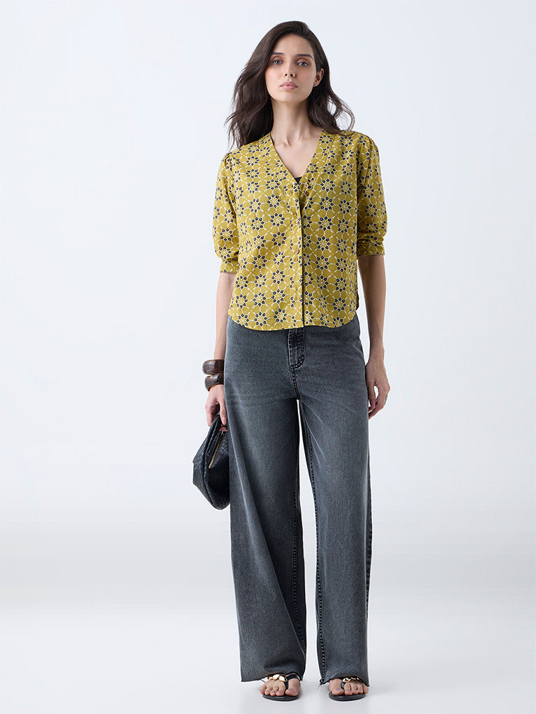 Utsa Mustard Floral Design Cotton Top