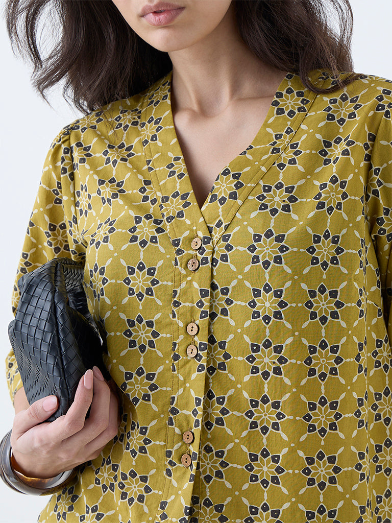 Utsa Mustard Floral Design Cotton Top