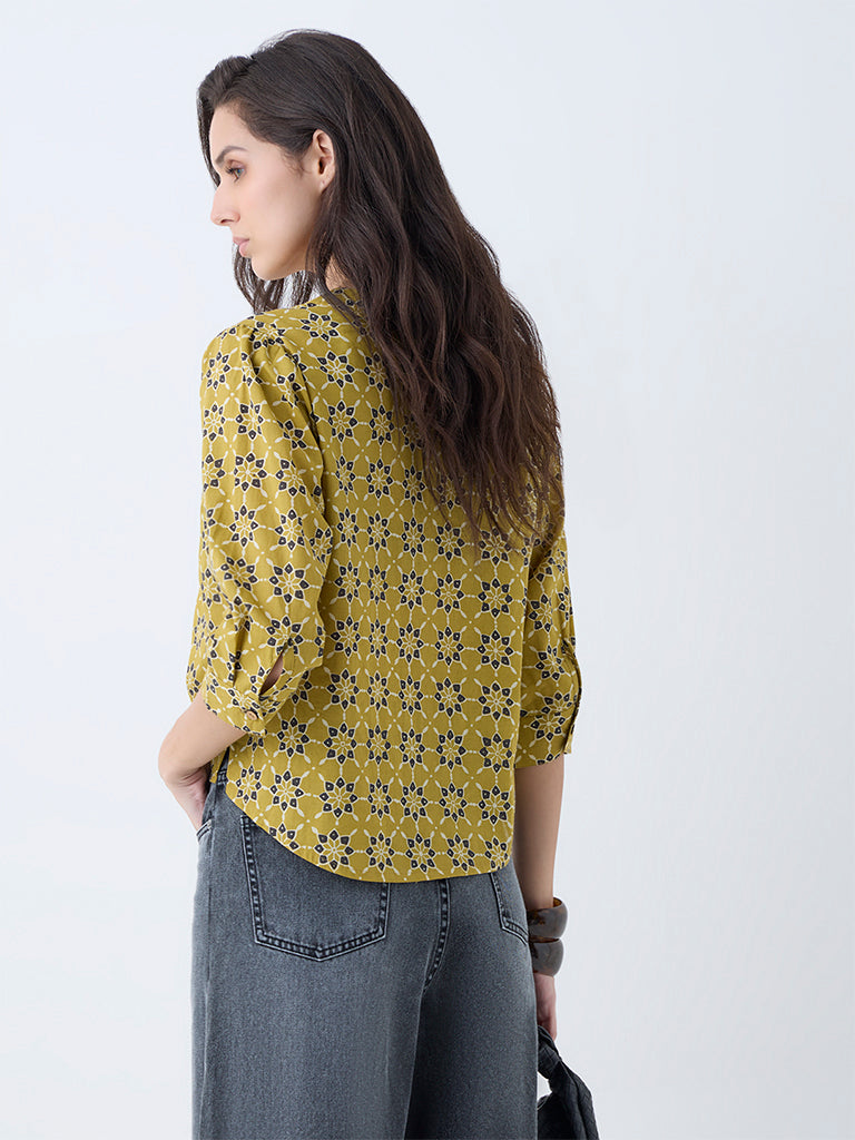Utsa Mustard Floral Design Cotton Top