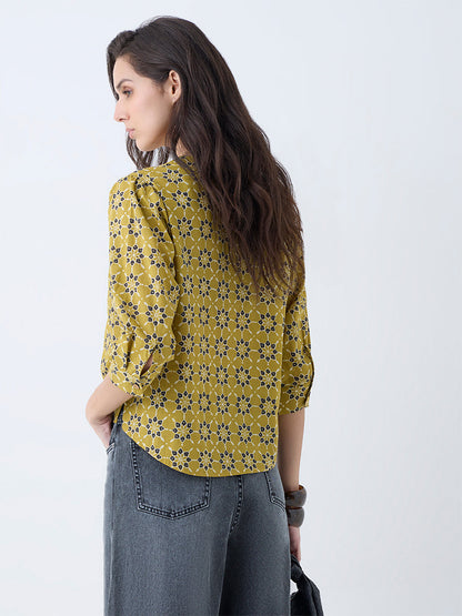 Utsa Mustard Floral Design Cotton Top