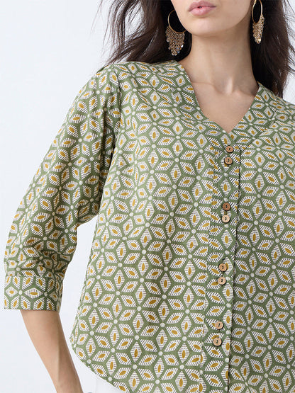 Utsa Olive Floral Printed Cotton Top