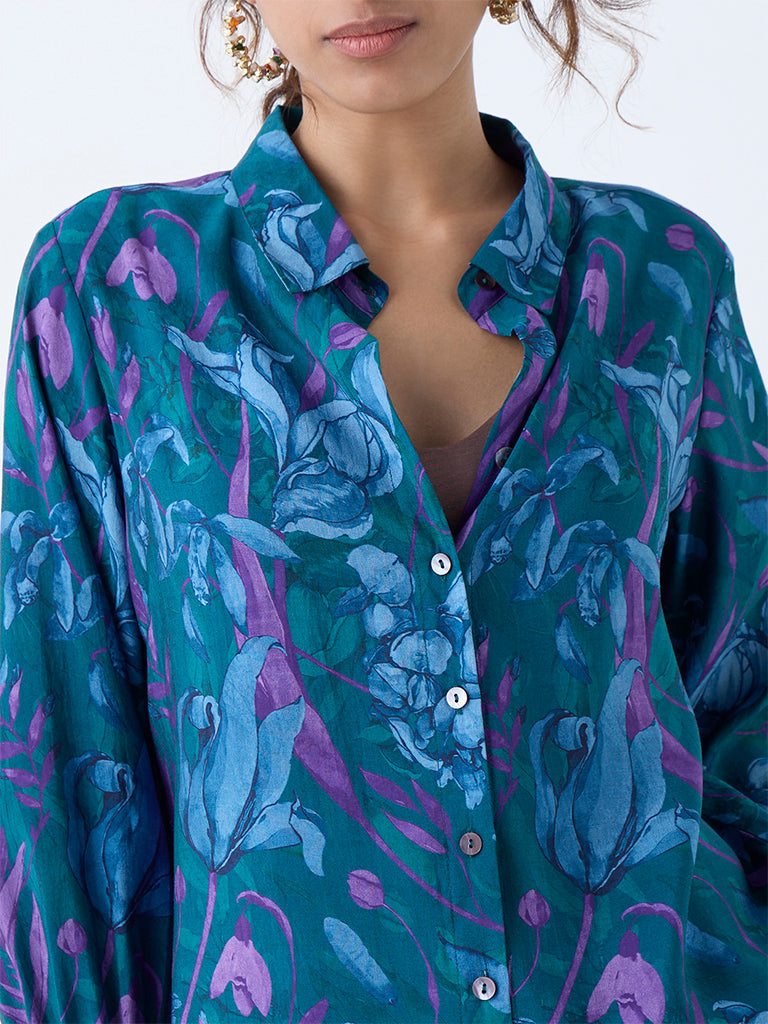 Utsa Dark Teal Floral Detailed Tunic