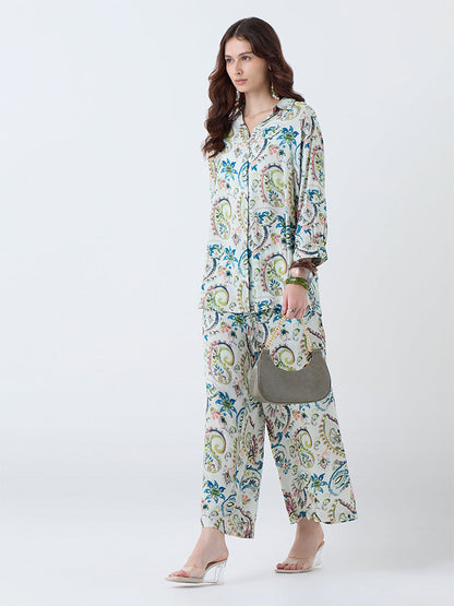 Utsa Green Paisley Detailed Pants