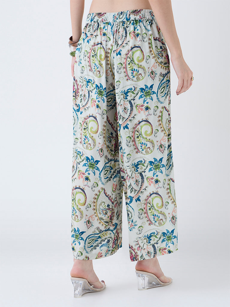 Utsa Green Paisley Detailed Pants