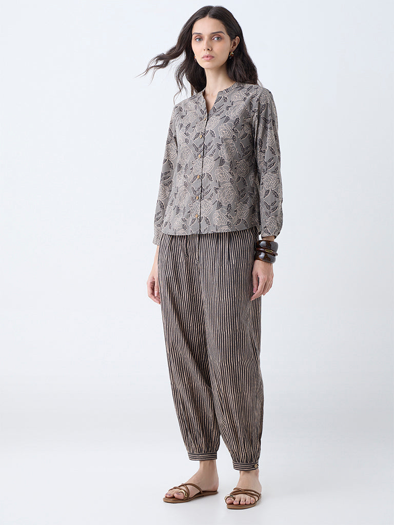 Utsa Charcoal Striped Cotton Harem Pants