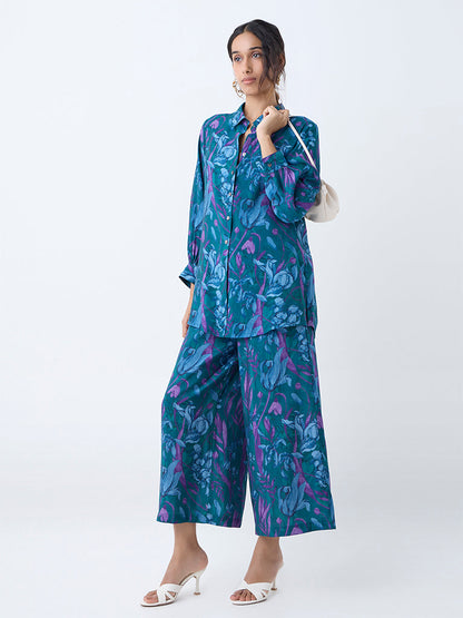 Utsa Dark Teal Floral Design Pants