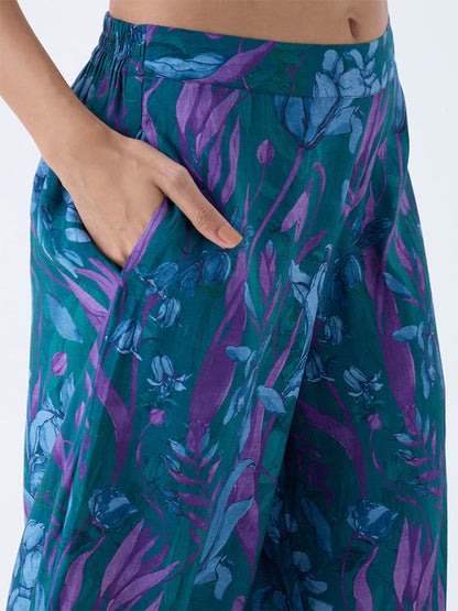Utsa Dark Teal Floral Design Pants