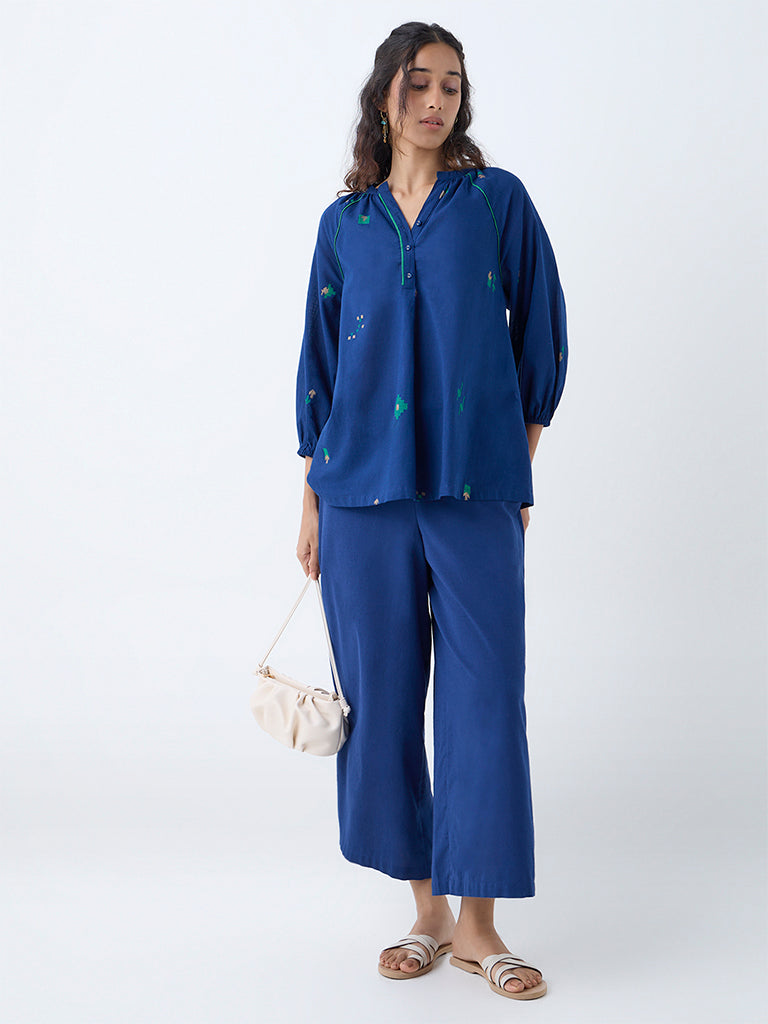 Utsa Indigo Solid Cotton-Blend Ethnic Pants