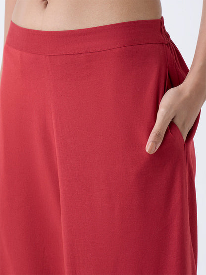 Utsa Red Solid Cotton Pants