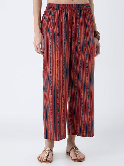 Utsa Maroon Striped Cotton Pants