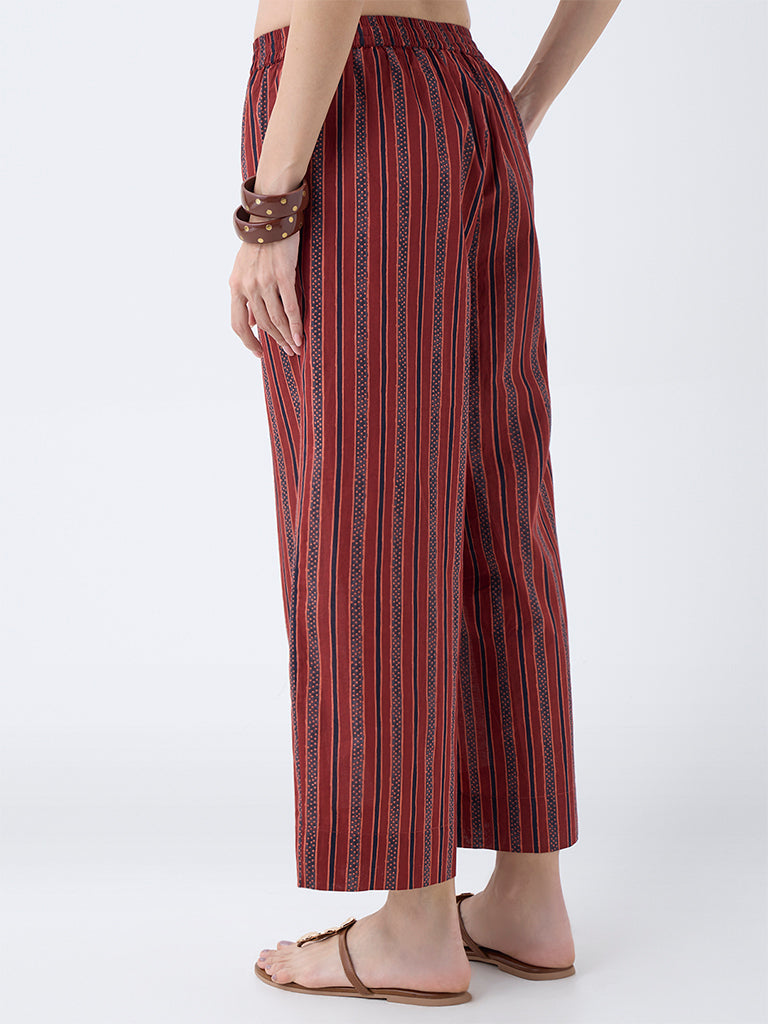 Utsa Maroon Striped Cotton Pants