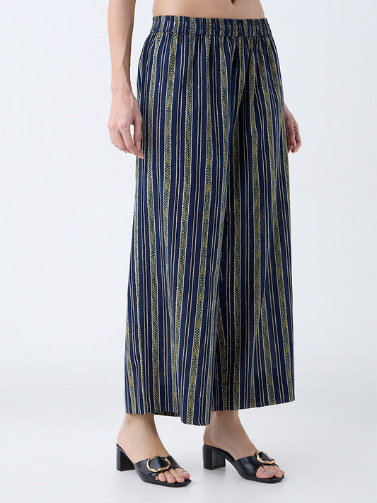 Utsa Navy Stripes Cotton Palazzos