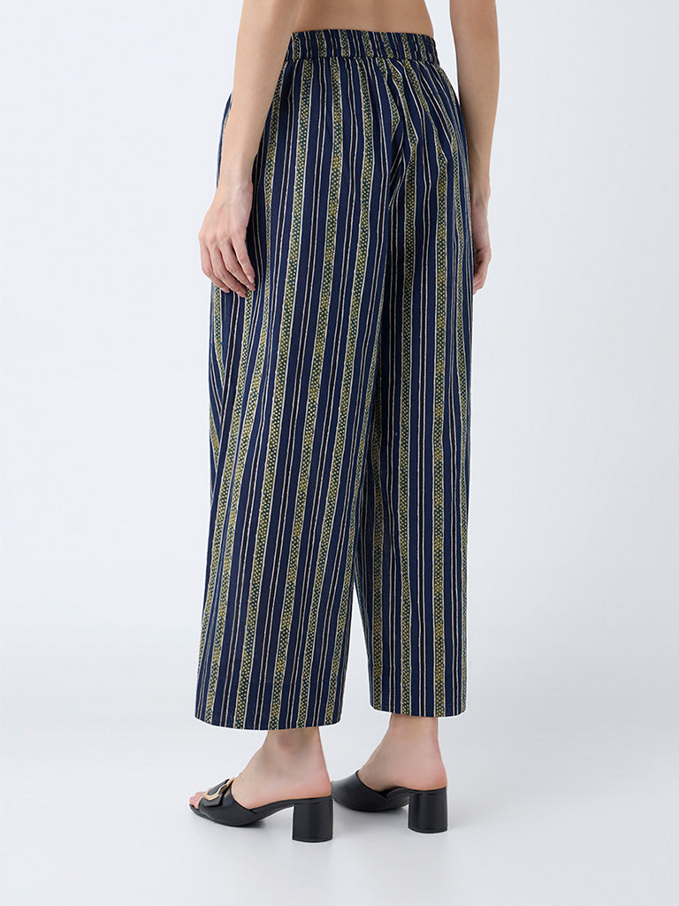 Utsa Navy Stripes Cotton Palazzos