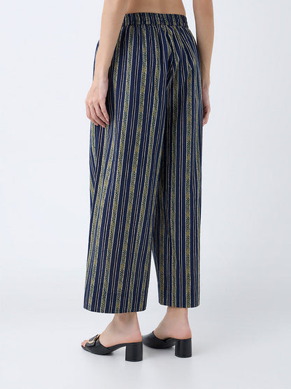 Utsa Navy Stripes Cotton Palazzos