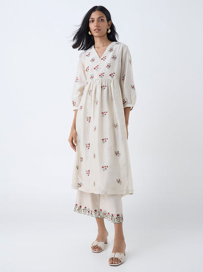 Zuba Beige Floral Embroidered Cotton-Blend Ethnic Pants