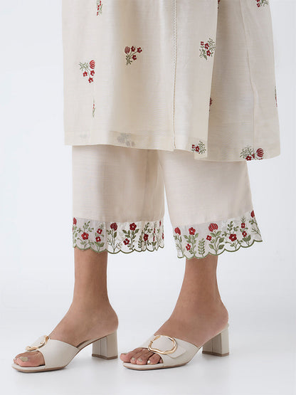 Zuba Beige Floral Embroidered Cotton-Blend Ethnic Pants