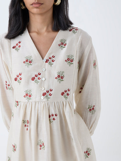 Zuba Beige Embroidered Fit-and-Flare Cotton-Blend Kurta