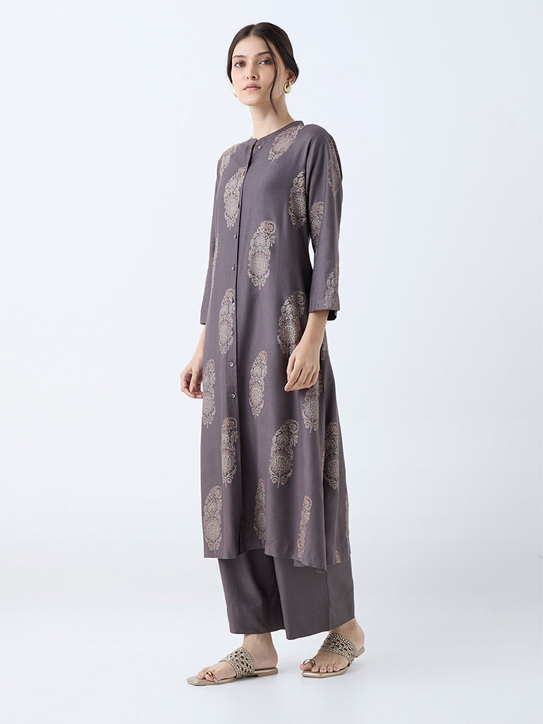 Zuba Charcoal Botanical Design A-Line Kurta