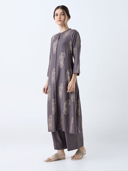 Zuba Charcoal Botanical Design A-Line Kurta