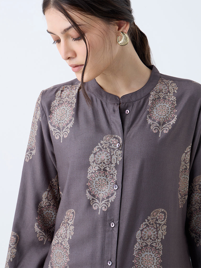 Zuba Charcoal Botanical Design A-Line Kurta