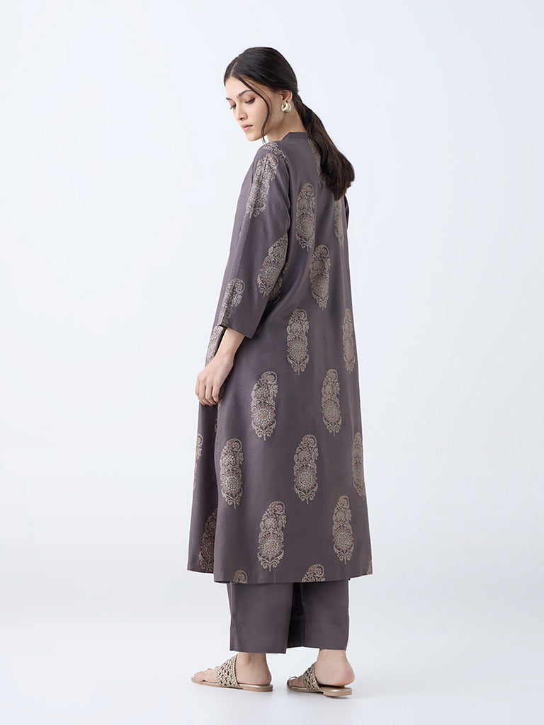 Zuba Charcoal Botanical Design A-Line Kurta