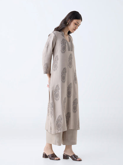 Zuba Light Brown Botanical Pattern A-Line Kurta