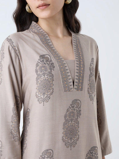 Zuba Light Brown Botanical Pattern A-Line Kurta