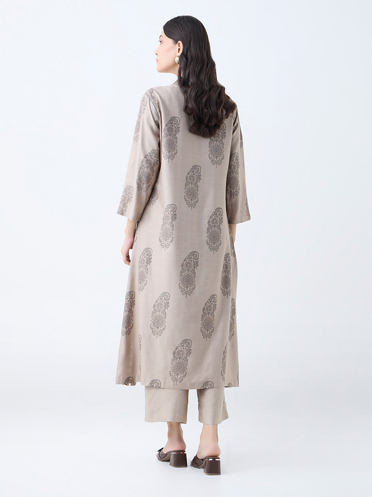 Zuba Light Brown Botanical Pattern A-Line Kurta